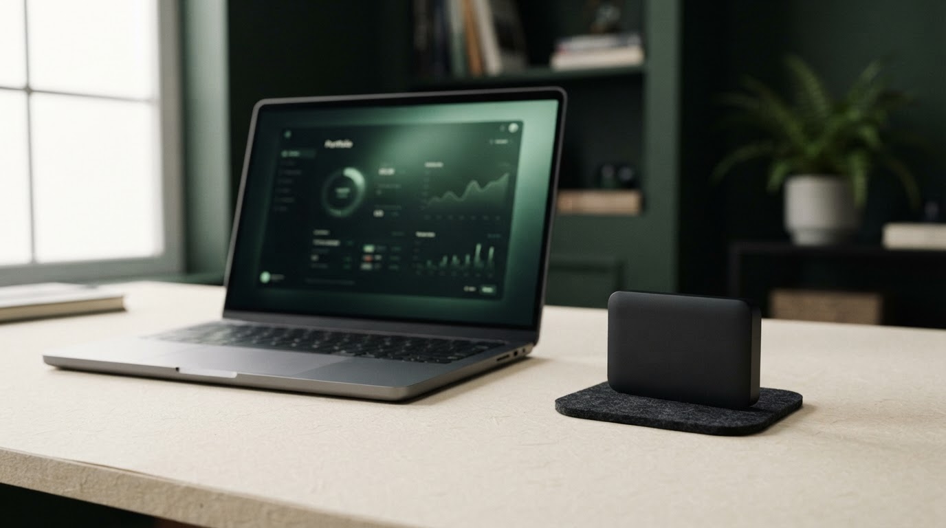 Generic hardware wallet beside a laptop displaying an abstract dark-green portfolio interface