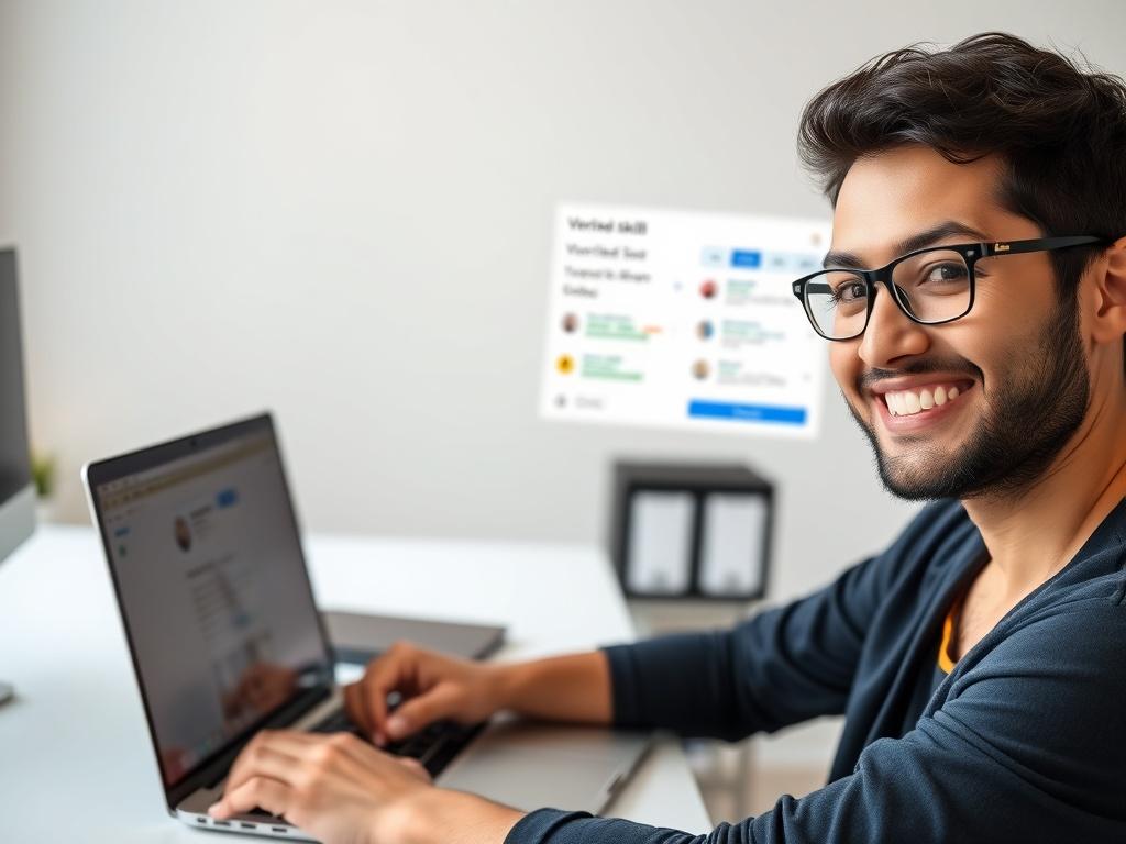 A close up shot of a freelancer proudly displaying their