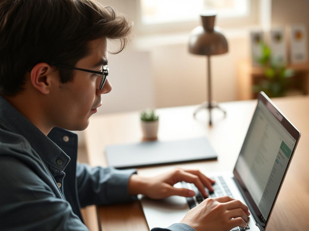 A high resolution close up of a focused freelancer taking