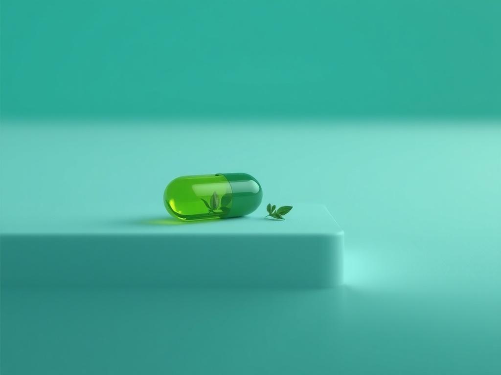 A realistic high-resolution image of a single EcoCap (plant-based herbal capsule) resting on a clean, minimalistic surface. The capsule should be vibrant green, symbolizing its herbal nature, with a small herb icon beside it. The background should be softly blurred to emphasize the capsule and herb, utilizing a color palette that complements the primary color of #007070 (teal). The composition should be simple and elegant, highlighting the eco-friendly aspect of the product.