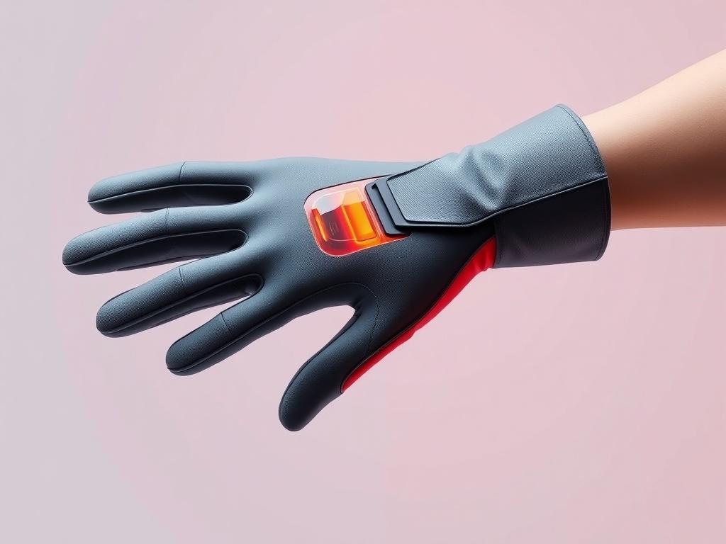 An image of the Thermoelectric Glove on a hand, with the glove slightly open to reveal its internal technology. The background is a soft gradient, highlighting the glove's sleek design.