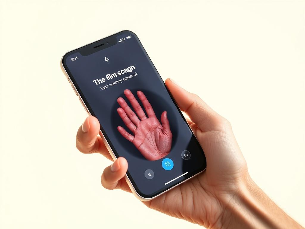 A close-up of a smartphone displaying the SweatSmart App interface, showcasing a palm-scan feature. The phone is held in a hand with visible sweat on the palm, set against a minimalistic, bright background emphasizing the app's functionality.