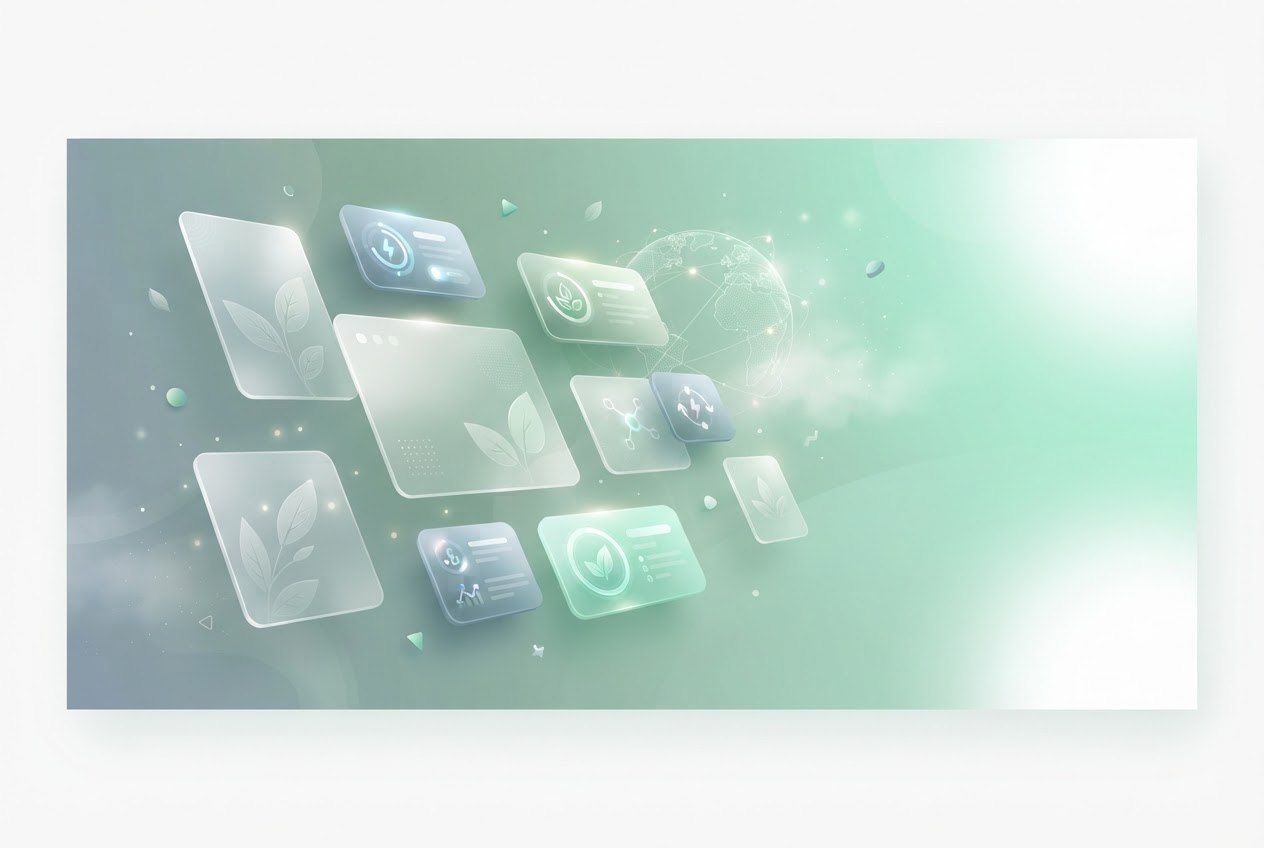 Abstract illustration of frosted-glass cloud platform panels over a sage green gradient