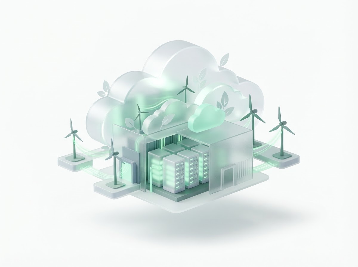 Stylized carbon-neutral cloud infrastructure with frosted-glass servers and renewable energy accents