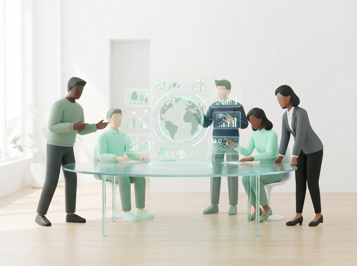 Professionals collaborating around a translucent glass table with holographic eco-data projections