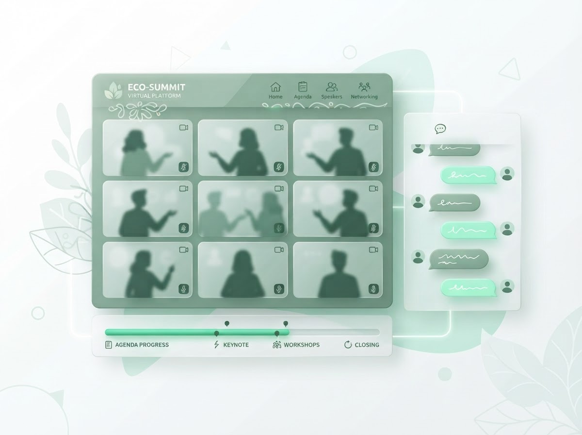 Frosted-glass virtual eco-summit interface with attendee panels and live chat