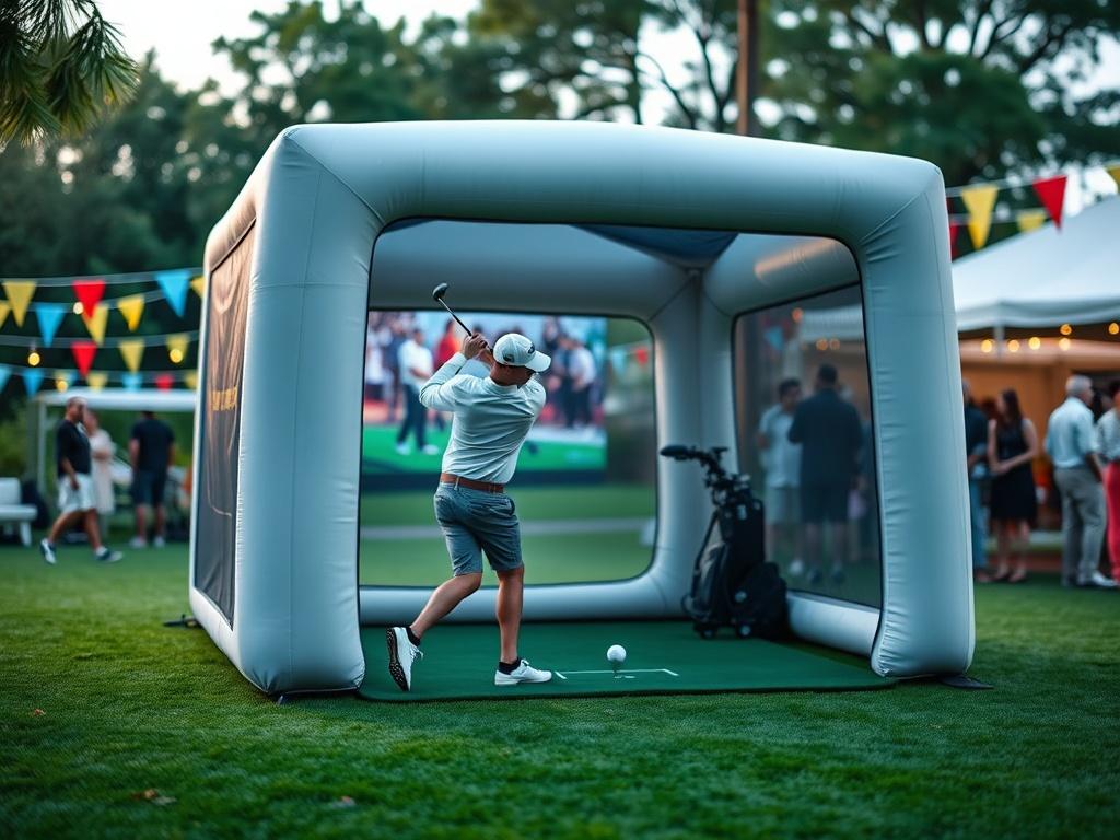 Create a realistic high-resolution photo featuring a sleek, modern mobile golf simulator setup in an outdoor event setting. The focus should be on a single, professionally designed inflatable golf enclosure, showcasing its spacious 16'x16' dimensions and 10' height. Position the simulator prominently in the center of the frame, with a golfer actively engaging with the simulator, showcasing a dynamic swing action. Ensure the golfer is wearing casual golf attire to convey a friendly, inviting atmosphere.

The