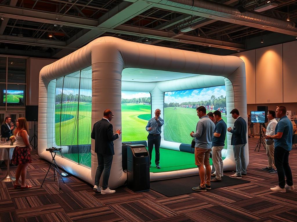 A realistic high-resolution photo of a corporate event featuring the mobile golf simulator in a spacious indoor venue. The inflatable golf enclosure is prominently displayed, with guests enjoying their time playing golf. The setup should convey a lively atmosphere with people engaged and having fun. The focus should be on the simulator and golfers, captured with a 45mm f/1.2 lens style.