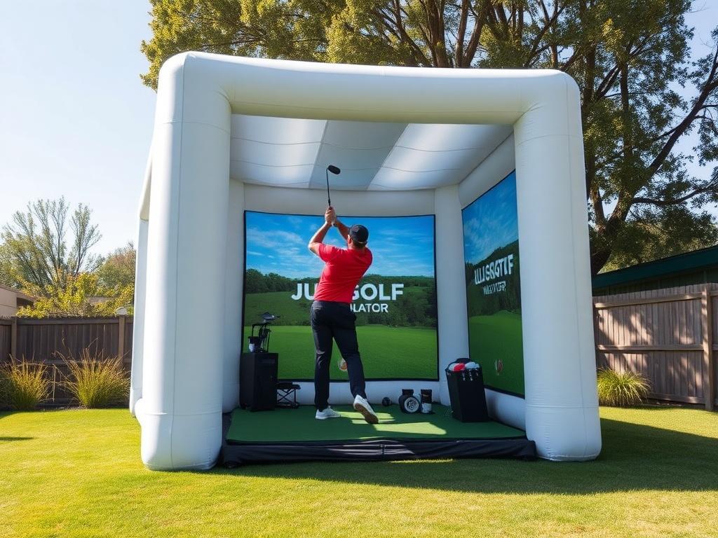 A realistic high-resolution photo of a mobile golf simulator setup in a backyard setting, featuring a 16'x16' inflatable golf enclosure with a golfer taking a swing inside. The background should show a sunny day with trees and grass, emphasizing a fun outdoor atmosphere. The photo should be captured with a 45mm f/1.2 lens style, focusing closely on the golf simulator.