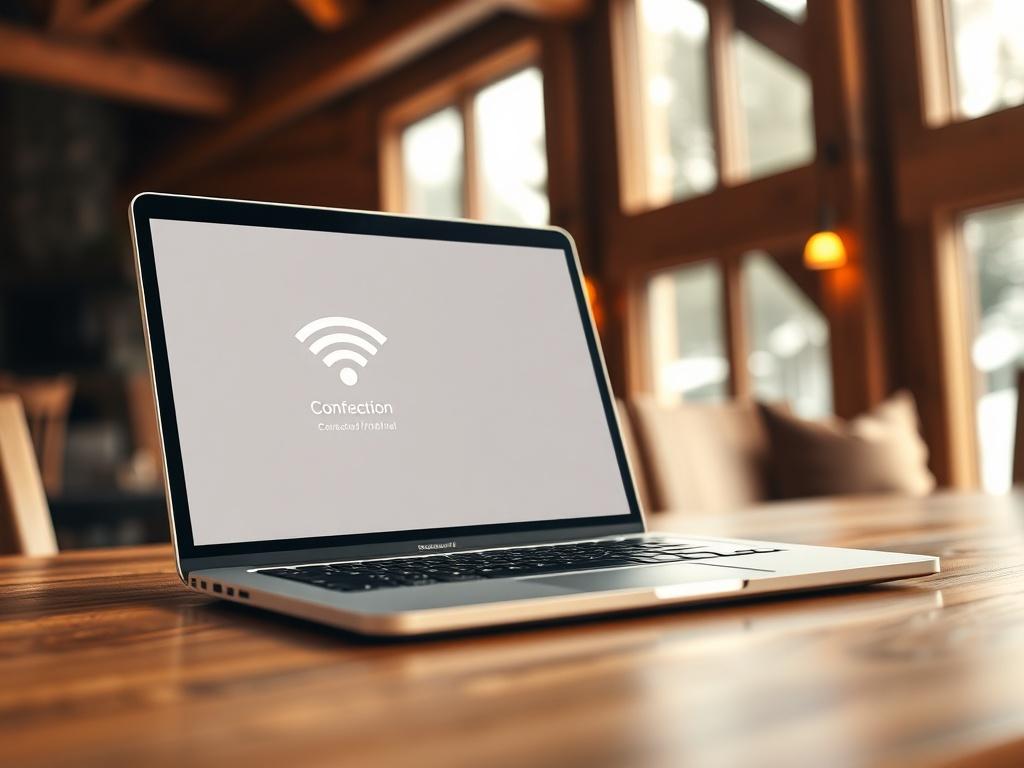 A close-up shot of a modern laptop open on a wooden table, displaying a WiFi connection screen, with a cozy lodge interior in the background. The lighting is warm and inviting, emphasizing the rustic charm of the lodge. The focus is sharp on the laptop while softly blurring the background to create depth. The scene should convey a sense of comfort and connectivity in a mountain setting, harmonizing with the primary color #EBD1B6.