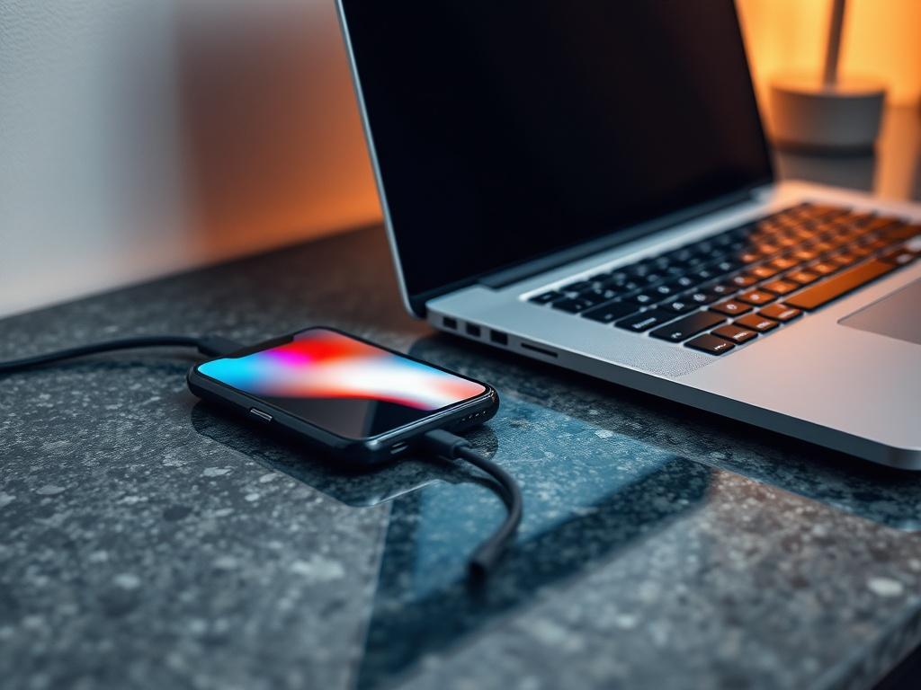 A close-up shot of a safe charging station for personal electronics, featuring a phone and laptop charging on a hard, non-flammable surface like granite. The background should be simple and clear, emphasizing safety. The lighting should be warm and inviting, creating a sense of comfort and security.