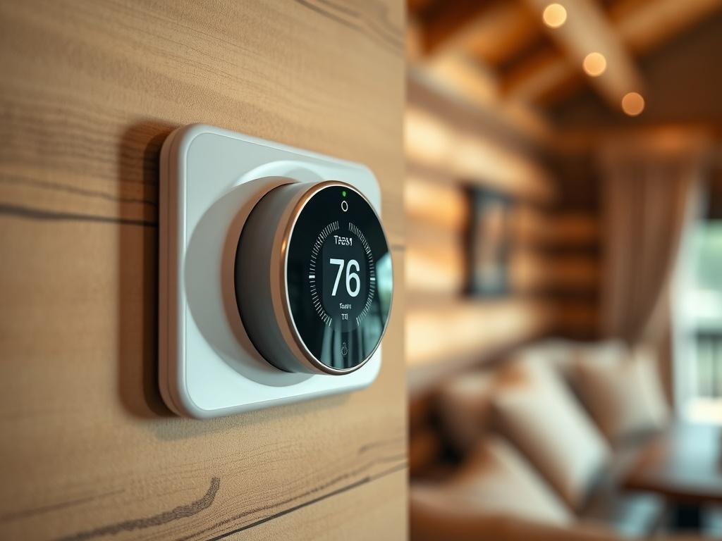 A close-up shot of a modern thermostat on a wall, showcasing a sleek design with a digital display indicating a temperature setting. The background should be softly blurred, emphasizing the thermostat while hinting at a cozy lodge interior. The color palette should harmonize with a warm, inviting atmosphere, incorporating soft tones compatible with #EBD1B6, such as light beige and warm whites.