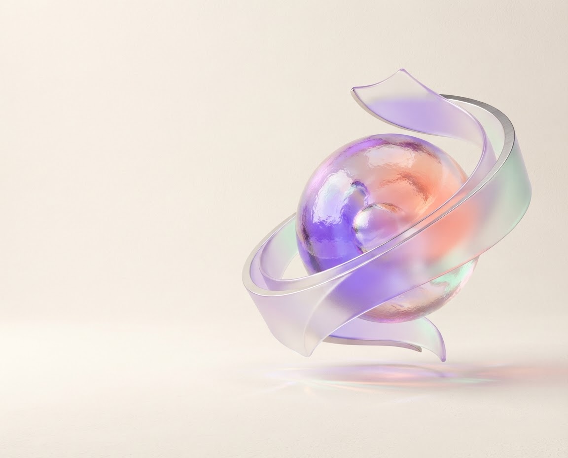 Sculptural iridescent glass orb with a lavender and coral ribbon