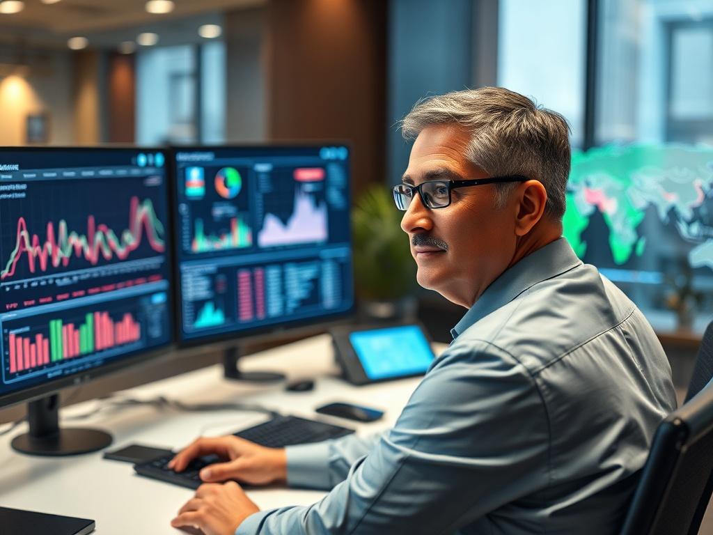 **Prompt for AI Image Generation:**

Create a highly detailed, realistic high-resolution photograph depicting a Chief Information Security Officer (CISO) at a modern workspace. The subject should be a middle-aged professional, dressed in smart attire, sitting at a sleek, contemporary desk equipped with multiple monitors displaying advanced AI threat intelligence dashboards.

In the foreground, focus on the CISO’s attentive face as they analyze the data being presented on the screens, which should reflect el