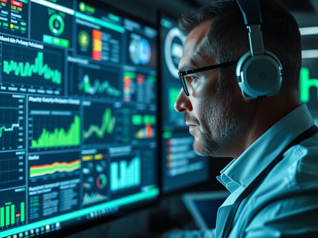 A close-up shot of a security analyst reviewing data on a high-tech screen, showcasing advanced analytics and perimeter security systems. The analyst is focused, surrounded by digital interfaces displaying metrics and alerts. The setting is a modern control room with soft green lighting, emphasizing a sense of high-tech security. The image should convey a sense of urgency and precision in security management.