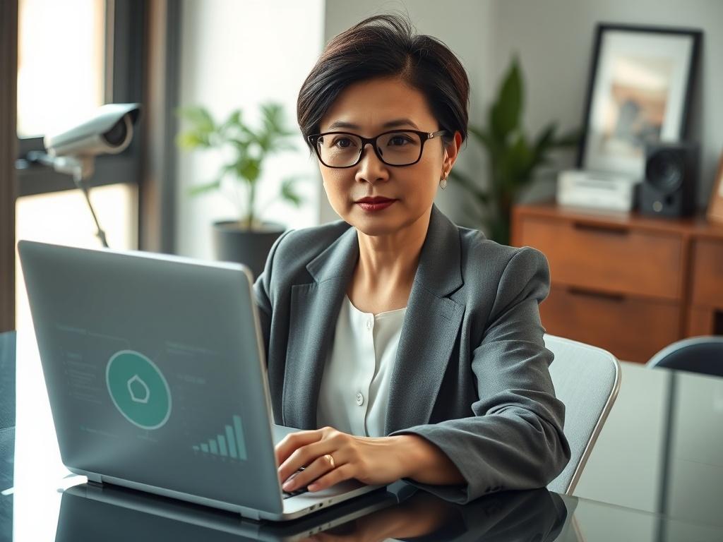 Create a hyper-realistic, high-resolution close-up image focused on a single subject: a thoughtful business professional, a diverse middle-aged woman with Asian descent, wearing glasses and a smart blazer, sitting at a sleek, modern desk with a laptop open in front of her. The laptop screen should display charts and graphs representing security assessment indicators related to AI security upgrades. 

In the background, subtly include elements that signify legacy security systems, like an old security camera