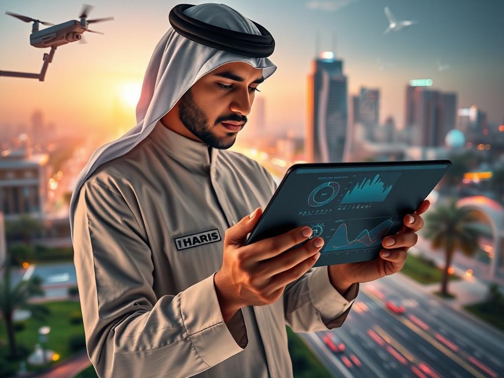 Create a highly detailed, realistic high-resolution photograph that visually encapsulates the theme of "How AI is Revolutionizing Physical Security in Saudi Arabia." The composition should feature a single subject: a person—preferably a security professional—interacting with the HARIS AI security platform on a sleek, modern tablet. 

The security professional should be dressed in a professional uniform, showcasing a sense of authority and expertise in the field of physical security. They should be positione