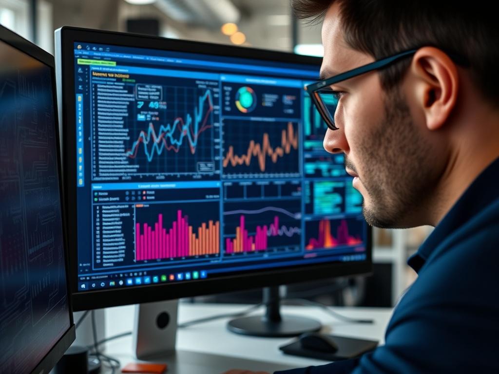 A close-up shot of a computer screen displaying complex machine learning algorithms and security data analysis, with a professional focused on the screen, set in a modern office environment.