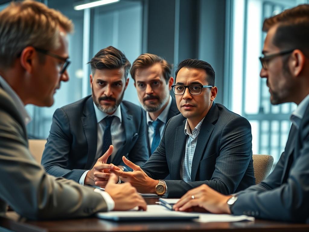 A dynamic photo of a diverse group of professionals engaged in an intense discussion during a security summit, set in a conference room with a modern design.