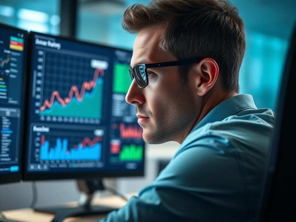 A close-up shot of a security analyst reviewing data on a computer screen, displaying graphs and security metrics. The background is blurred, emphasizing the analyst's focused expression. Shot with a 45mm f/1.2 lens, highlighting the details of the screen and the professional environment.