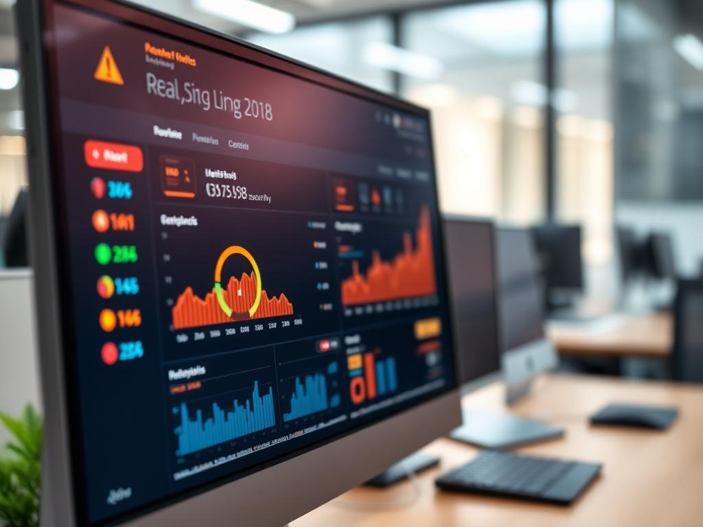 An image of a computer screen displaying a real-time security dashboard with alert notifications. The focus is on the dashboard's vibrant graphics and metrics. The background is slightly out of focus, showcasing a modern office environment. Shot with a 45mm f/1.2 lens to capture the details.