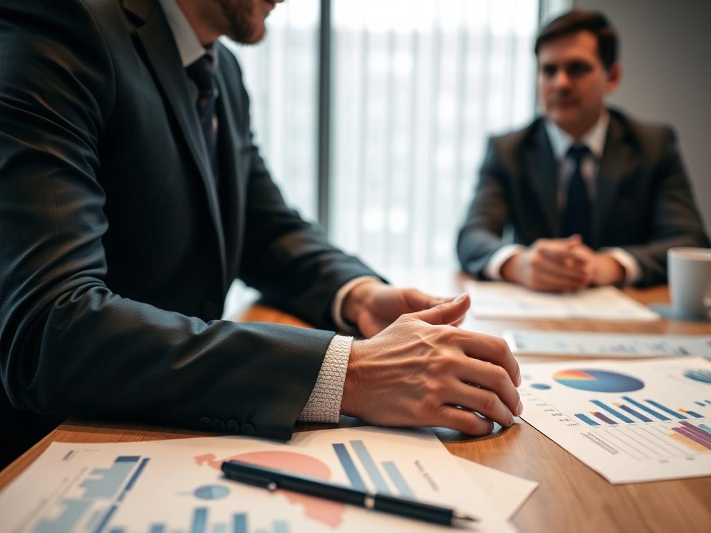 A close-up of a consultant discussing security strategies with a client at a conference table, with charts and documents spread out. The background is blurred to emphasize the engaged conversation. Shot with a 45mm f/1.2 lens for a professional look.