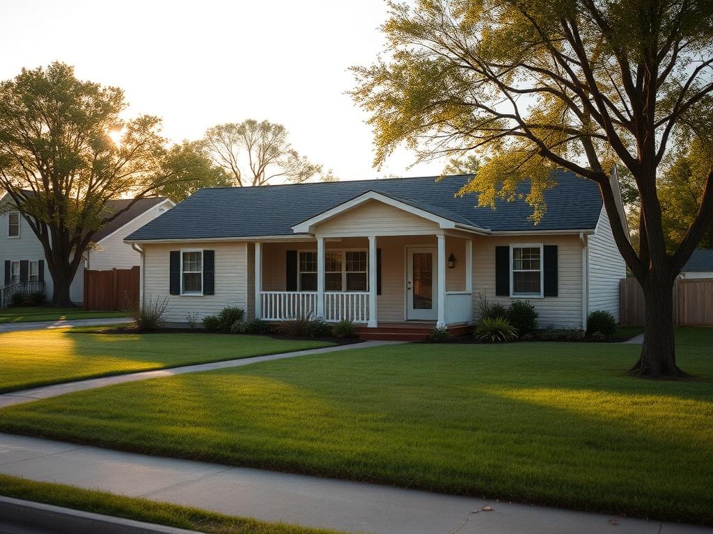 A realistic high-resolution photo of a modest ranch-style house, situated in a peaceful neighborhood. The house features a simple design with a welcoming front porch, surrounded by lush green grass and a few trees in the background. Soft evening sunlight casts a warm glow, creating a serene atmosphere. The image should emphasize tranquility and community.