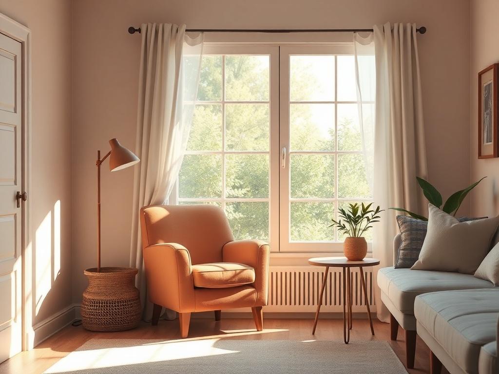 A cozy, well lit living space with comfortable furniture, warm