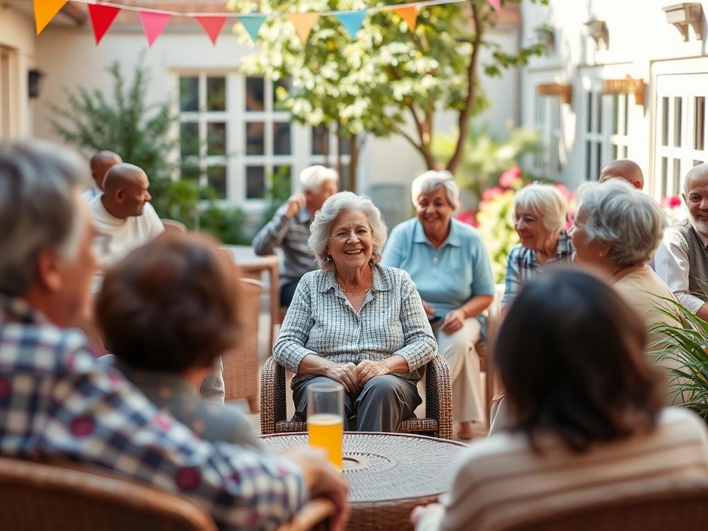 A lively community gathering in a garden or courtyard, featuring