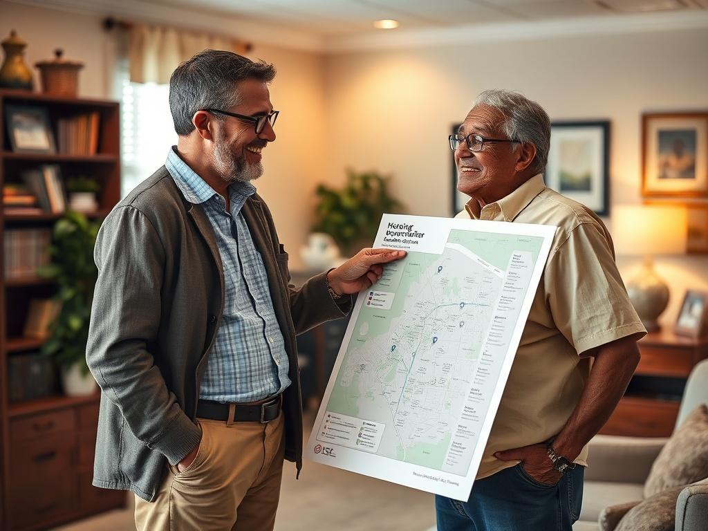 A friendly housing coordinator stands with a veteran, pointing at