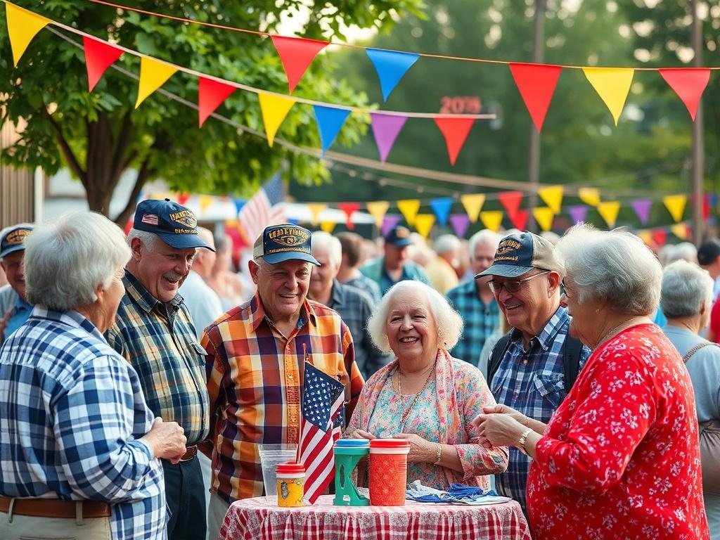 A cheerful group of veterans and seniors participate in a