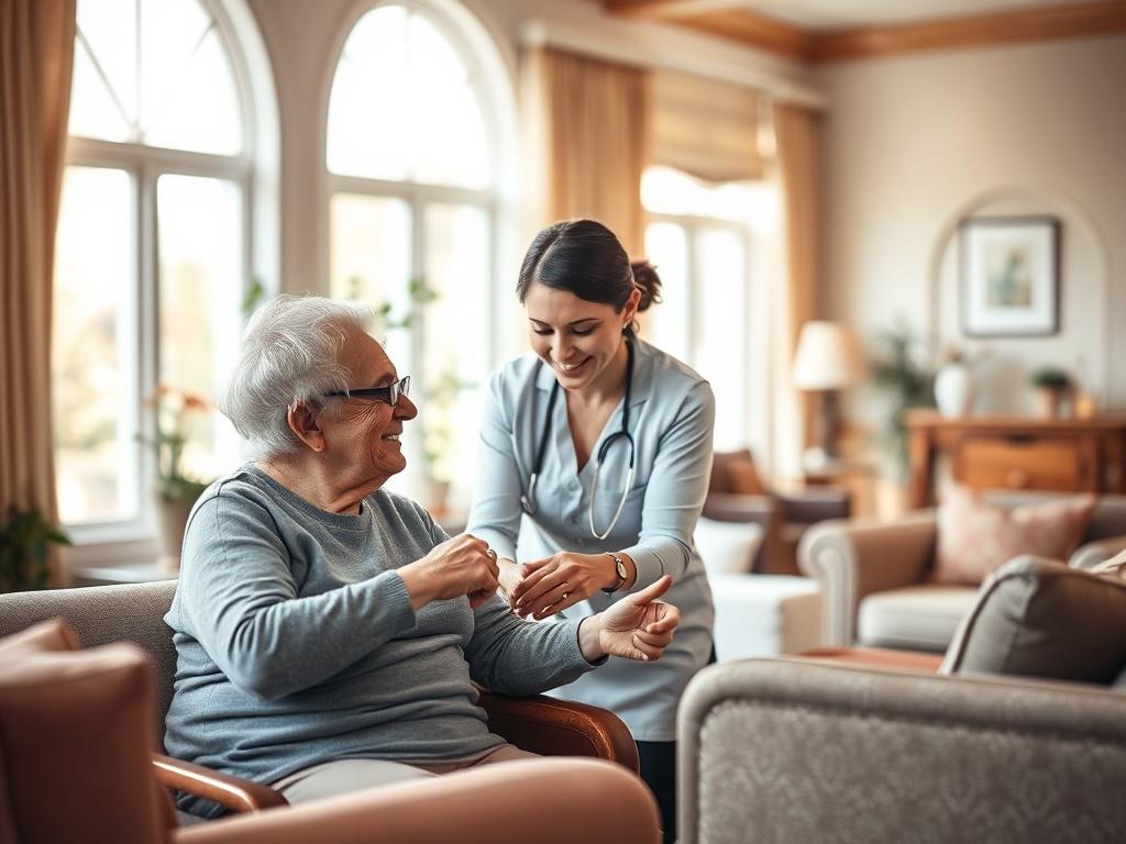An engaged and compassionate staff member assisting a resident in
