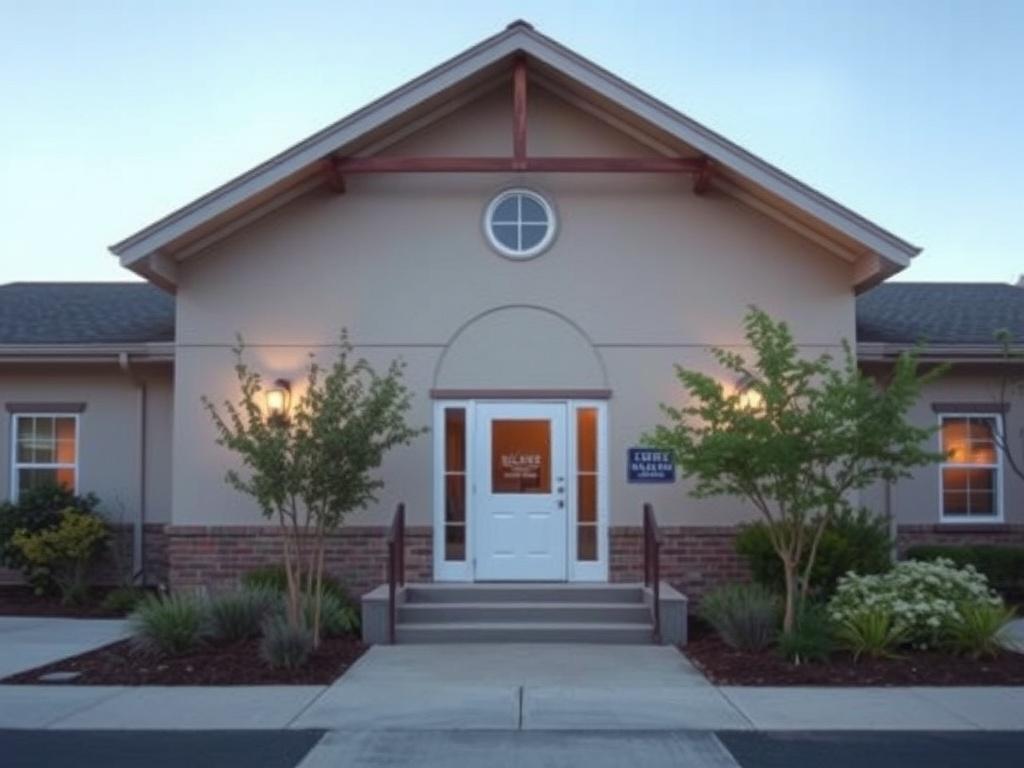 A serene and inviting exterior shot of a transitional housing