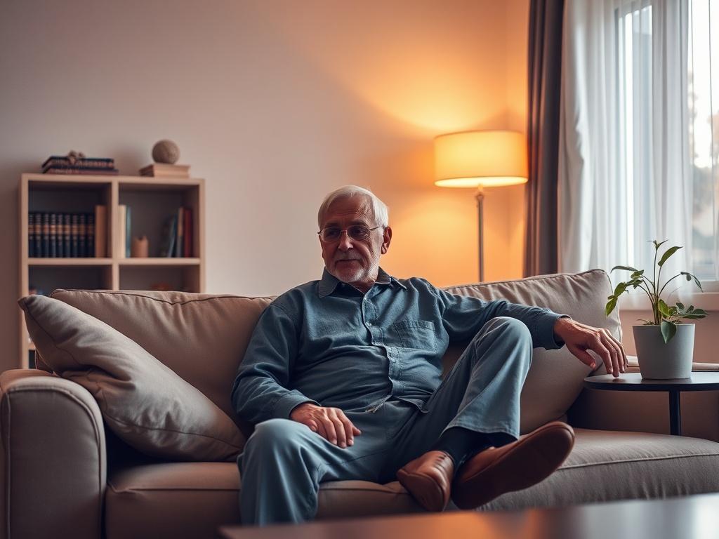 Create a realistic high-resolution image capturing the essence of transitional housing for veterans. The composition should be simple and clear, featuring a single subject: a middle-aged veteran sitting on a comfortable couch in a cozy, well-lit living room. The veteran should have a relaxed and contemplative expression, showing a sense of peace and reflection. 

Surround the veteran with soft, warm lighting that enhances the inviting atmosphere of the space. In the background, include a neatly arranged roo