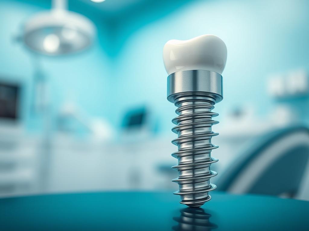 A close-up shot of a dental implant in a realistic high-resolution setting. The image should capture the titanium implant in detail, showcasing its shiny surface and intricate design. The background should be a soft-focus dental clinic environment, with soft lighting and shades of blue (rgb(3, 125, 201)) to create a calming atmosphere.