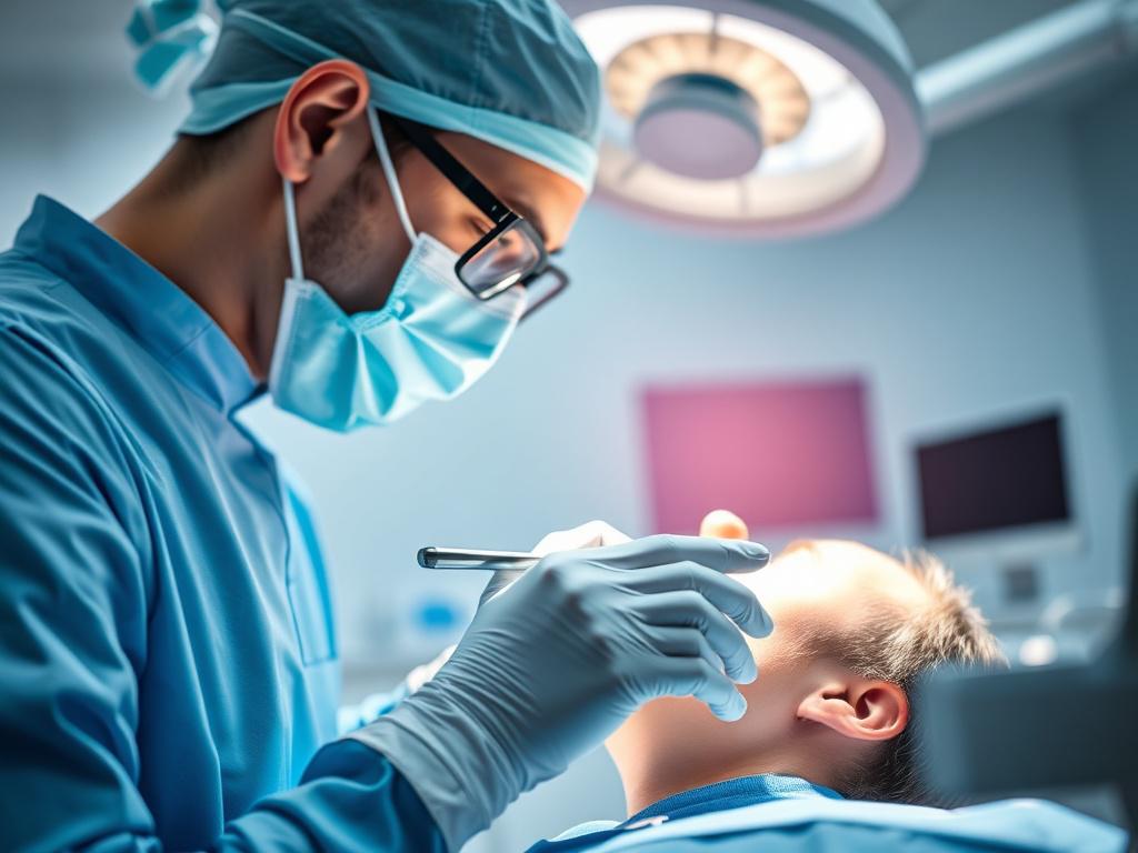 A close-up shot of a dental surgery scene, showcasing a dentist in surgical attire performing a procedure on a patient in a modern dental clinic. The background should be blurred to emphasize the dentist and patient interaction while highlighting advanced dental tools and bright clinical lighting. The image should be rendered in hyper-realistic style with vibrant colors, focusing on the details of the surgical process.