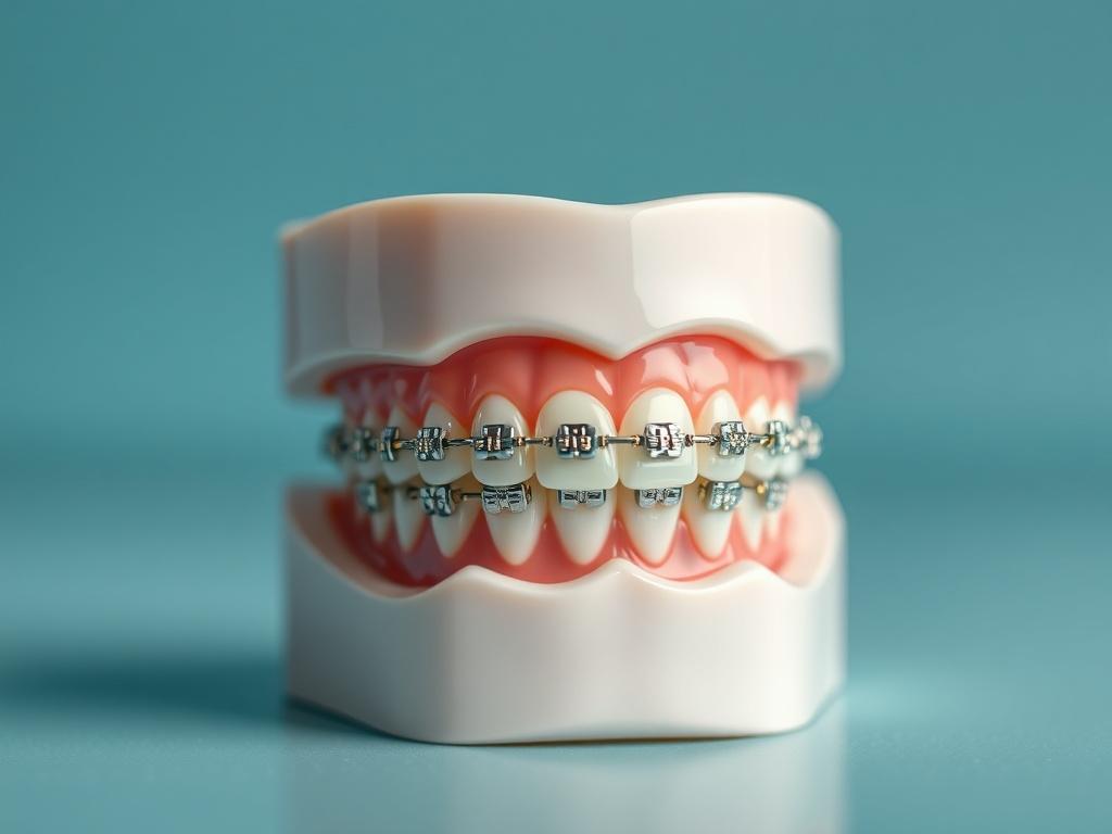 A realistic high-resolution photo of orthodontic braces on a model tooth. The braces should be shiny and clearly visible, with a soft, blurred background that emphasizes the clarity of the braces. The image should be taken with a 45mm f/1.2 lens style, focusing on the intricate details of the braces and the contours of the tooth.