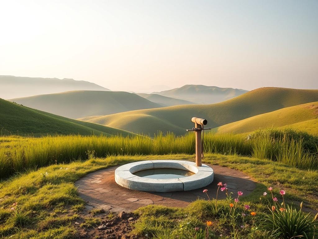 A serene landscape showcasing a sustainable water solution in a rural area. The image should feature a single, clear water well surrounded by lush green grass and vibrant flowers. In the background, gentle hills roll under a soft sky, creating a peaceful atmosphere. The well, made of natural materials, should appear inviting and functional, symbolizing hope and health for the community. The lighting should be warm and gentle, enhancing the tranquility of the scene.