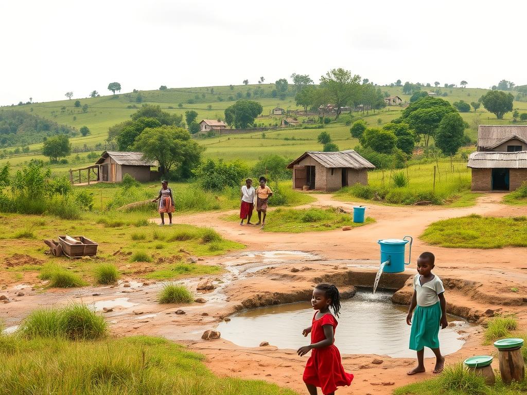 A serene landscape showcasing a rural community in Nigeria, focusing on a clean water source with villagers happily gathering water. The background features lush greenery, simple homes, and children playing in the foreground. The scene conveys hope and a sense of community, with soft, gentle lighting that creates a peaceful atmosphere.