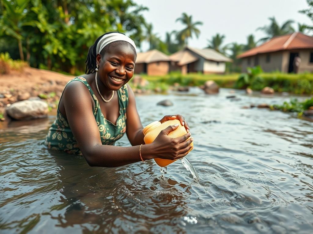 A peaceful rural scene in Nigeria, showcasing a clear, flowing stream of clean water surrounded by lush greenery. The foreground features a smiling local woman filling a container with the fresh water, demonstrating the impact of clean water access. In the background, small rural houses can be seen, emphasizing the community's connection to the water source. The lighting is soft and gentle, creating a serene atmosphere.