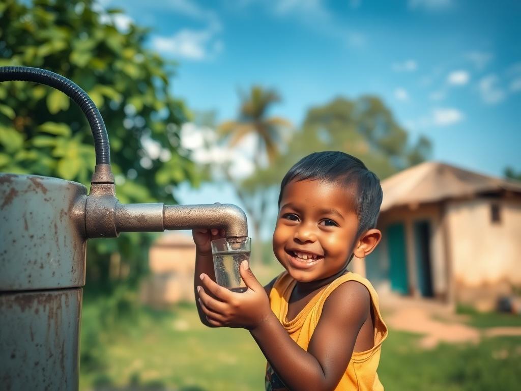 A heartwarming scene of a smiling child drinking clean water from a tap in a rural village setting. The background shows lush greenery, a clear blue sky, and a simple home. The focus should be on the child enjoying the fresh water, highlighting the joy and relief that comes with access to clean drinking water. The overall atmosphere should be peaceful and uplifting, with soft, warm lighting to evoke a sense of hope and community.