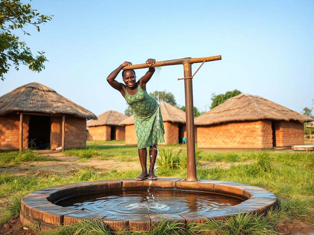 A serene landscape depicting a rural community in Nigeria, showcasing an individual joyfully collecting clean water from a newly installed well. The well should be the central focus, with clear, sparkling water flowing, surrounded by lush greenery and a clear blue sky. The background features simple homes made of mud bricks, symbolizing the community's environment. The scene conveys hope and vitality, emphasizing the positive impact of access to clean water.