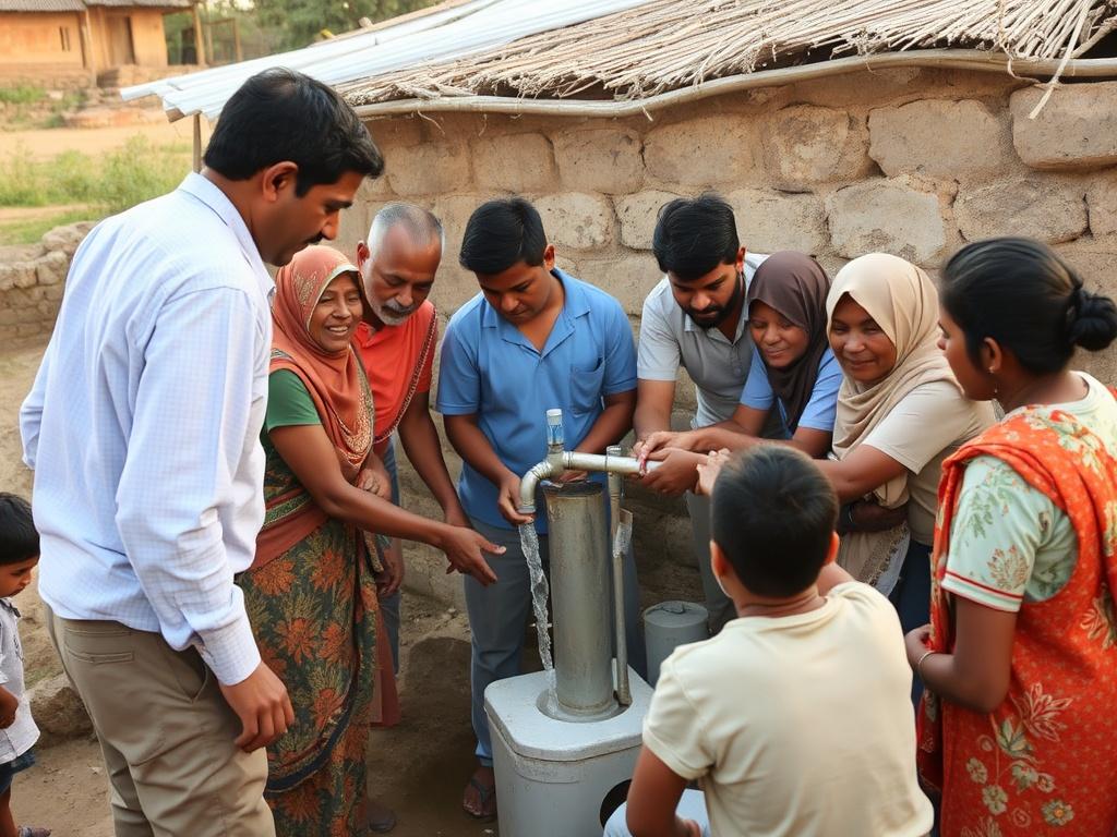 A diverse group of volunteers working together in a rural