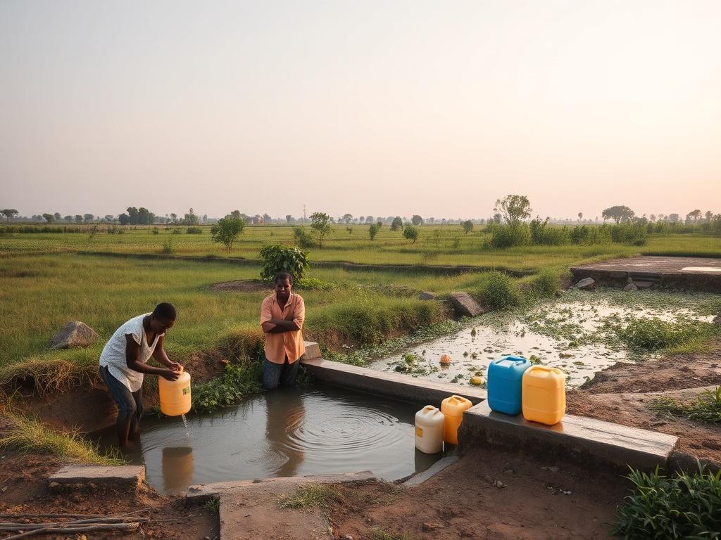 A serene rural landscape showing a clean water source, with