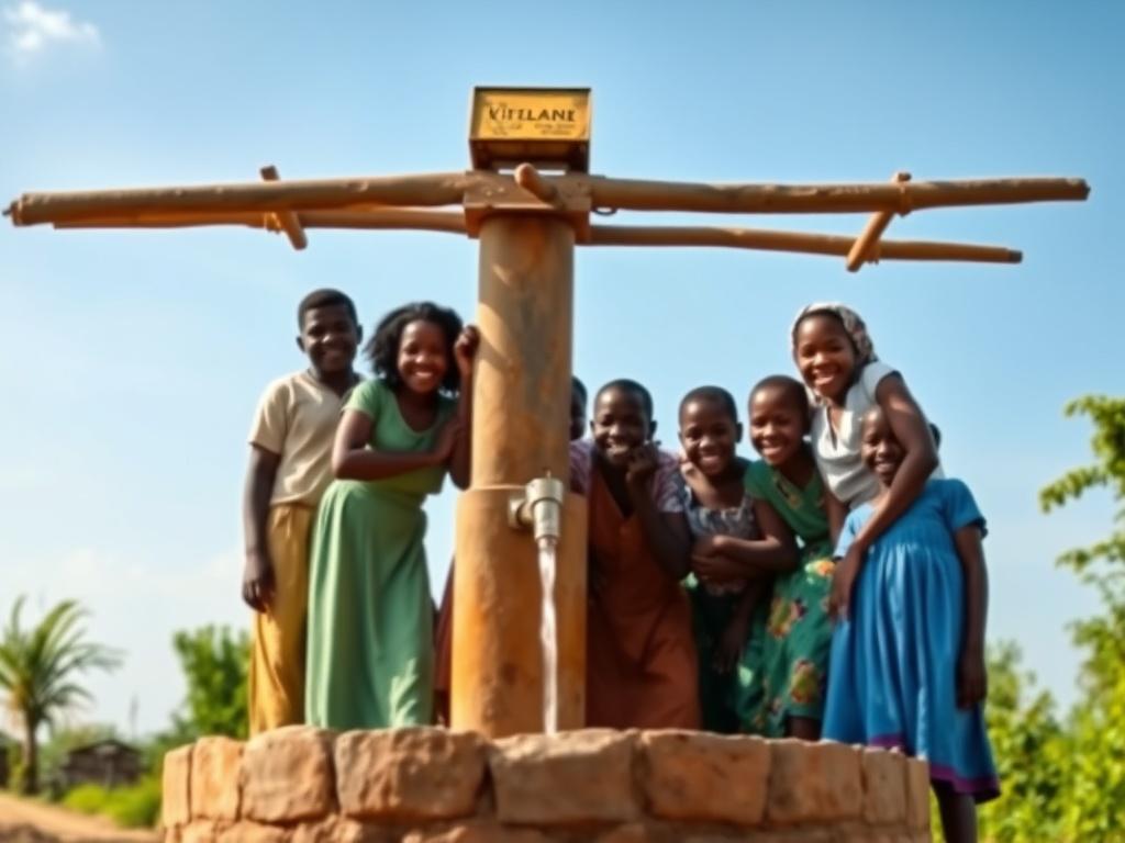 A realistic high-resolution photo of a clean water well in a rural Nigerian village. The scene should depict a joyful group of villagers, including children and adults, gathered around the well, with clear blue skies and green vegetation in the background. The well should be the focal point, showcasing the importance of access to clean water in their lives. Ensure the lighting is soft and gentle, creating a peaceful atmosphere.