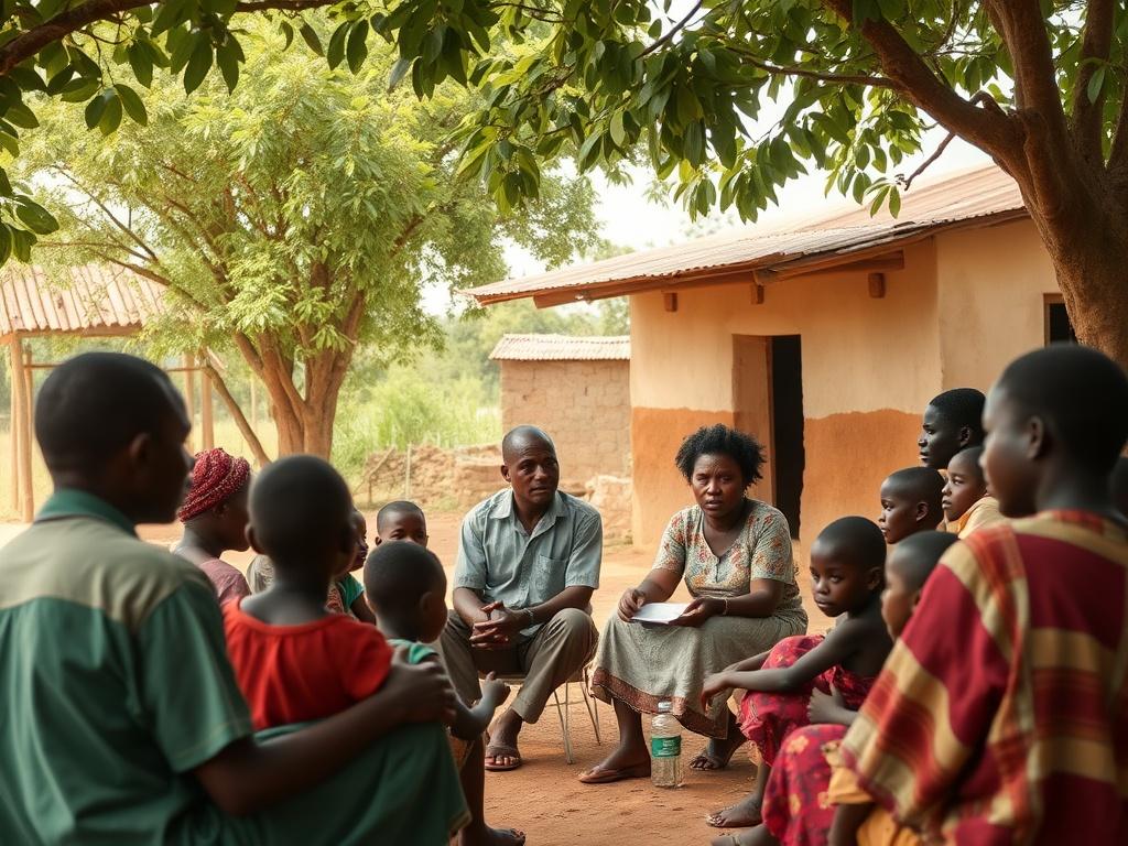 A serene educational workshop setting in a rural Nigerian village. The scene features a small group of adults and children gathered around an instructor, who is engaging them with a presentation on clean water access. The background includes lush green trees and a simple, welcoming structure. The atmosphere is warm and inviting, reflecting a sense of community and learning.