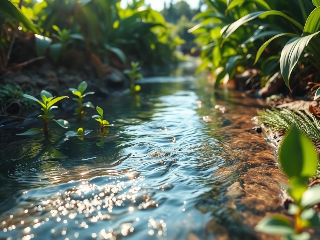 A realistic high-resolution photo of a clean water source in a rural setting, showcasing a clear, sparkling stream flowing through lush greenery. The composition features a single stream of water with gentle ripples, surrounded by vibrant plants and soft sunlight filtering through the leaves, emphasizing the purity and freshness of the water. The atmosphere is peaceful and serene, highlighting the importance of access to clean water for improved health.