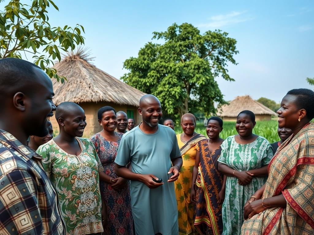 A high-resolution photograph depicting a joyful gathering of a Nigerian community in a rural setting. The image should showcase people of various ages, men and women, engaging with each other in a lively discussion. They should be surrounded by lush greenery, with traditional huts in the background, under a clear blue sky. The atmosphere should convey a sense of unity, happiness, and cultural richness, with soft tones and gentle lighting.