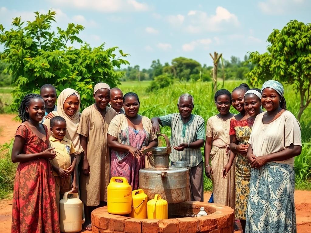 A realistic high-resolution photo depicting a rural village in Nigeria with a newly installed clean water well. The scene should show a joyful group of villagers, including children and adults, gathering around the well, smiling as they fill their containers with clean water. The background should feature lush greenery and a clear blue sky, creating a peaceful atmosphere. The villagers should be dressed in traditional clothing, and the well should look modern and sturdy, symbolizing hope and health.