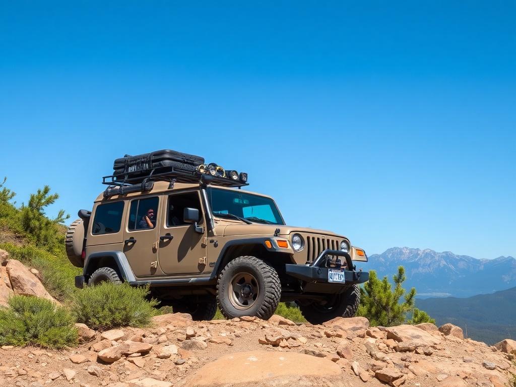A rugged off road vehicle parked on a rocky terrain,